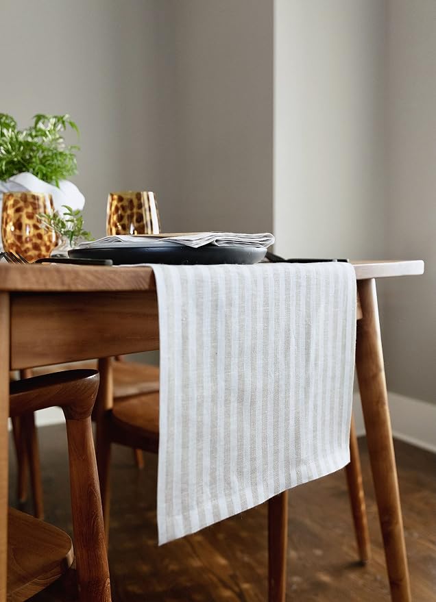 Solino Home Linen Table Runner 90 Inches Long - Amalfi Stripe, 100% Pure Linen Natural and White Table Runner 14 x 90 Inch for Dining, Summer