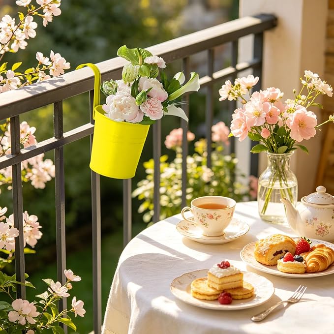 Hanging Flower Pots For Railings, Hanging Galvanized Metal Flower Pot with Hook, Tinplate Hanging Buckets for Garden Balcony Flowers, Colorful Planter for Flowers Grasses and Succulents (Yellow)