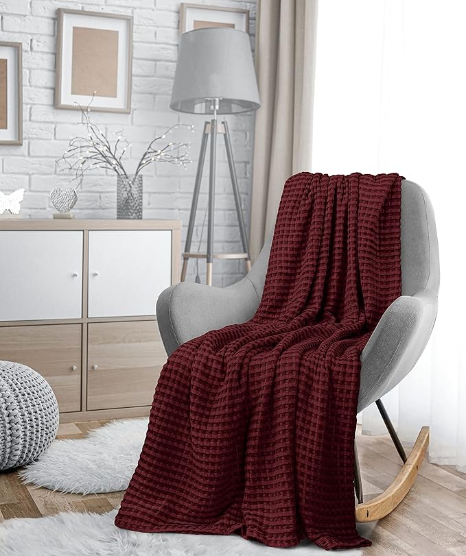 Utopia Bedding 100% Cotton Waffle Weave Blanket Twin Size for Couch Sofa Bed - Lightweight, Breathable Summer Blankets Soft and Cozy, Gifts for Women Home Room Decor (Burgundy, 90x72 Inch)