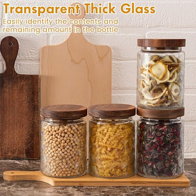 Suclain 6 Pack 23.7 oz Vintage Glass Jar with Wooden Lids Airtight Storage Food Container Jar for Kitchen Bathroom Pantry Decorative Vintage Canister for Coffee Beans, Brown Sugar(Sector)