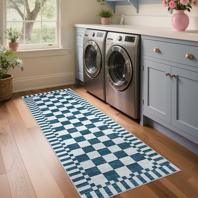 GarveeHome 2.5×8 Kitchen Runner Rug Non Slip,Blue and White Checkered Rug, Washable Runner Rug for Hallway Soft Low-Pile Geometric Modern Rugs for Entryway