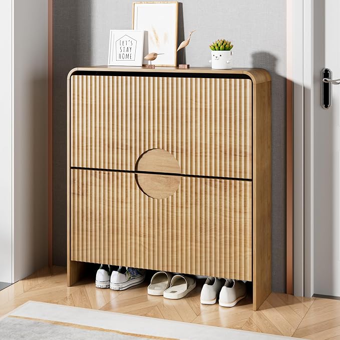 Narrow Shoe Cabinet for Entryway, Fluted Entry Way Shoe Storage Cabinet with 2 Flip Drawers Doors, Slim Hidden Shoe Rack Organizer for Entrance, Foyer, Hallway, Wood, 2 Tier