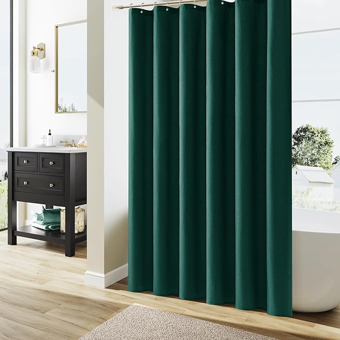 Naturoom Dark Green Linen Shower Curtain, Country Boho Farmhouse Bath Decor Shower Curtains Neutral Cloth Weighted Textured Fabric Bath Curtain Liner with Hooks, 72x84