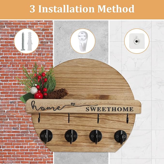 Key Holder for Wall, Key and Mail Holder Organizer - Key Holder Wall Mount with Bouquet Shelf and Key Hooks, Round Wooden Rustic Key Rack for Entryway and Home Decor (Wood)