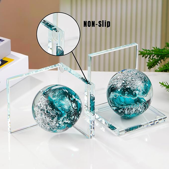 Book Ends for Shelves, Glass Bookends with Dark Blue Glass Hand Blown Sea Wave Ball, Non Skid Sturdy Decorative Bookends for Ocean Lovers, Heavy Books, Office, Set of 2