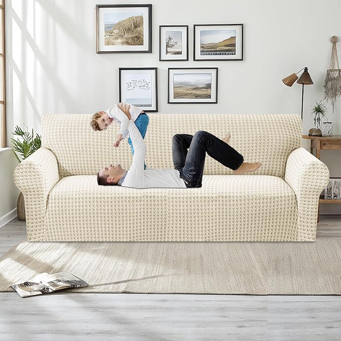 MAXIJIN Stretch Couch Cover Sofa Covers for 3 Cushion Couch (71"-91" Washable Sofa Slipcovers with Non-Slip Foam & Elastic Strap, Dog Cat Pet Friendly Furniture Protector (Large, Beige)