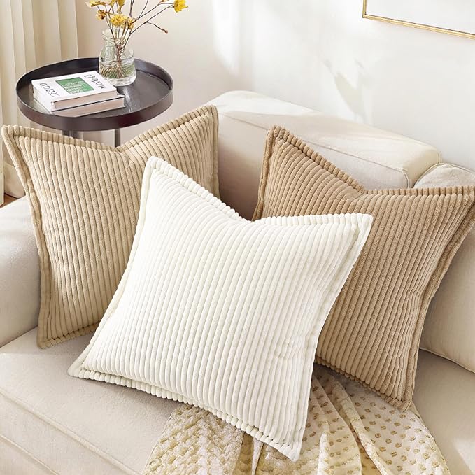 decorUhome Summer Corduroy Pure White Throw Pillow Covers 18x18 Set of 2 Decorative Soft Boho Farmhouse Couch Pillow Covers for Living Room Bed Sofa Broadside Striped Pillow Cases