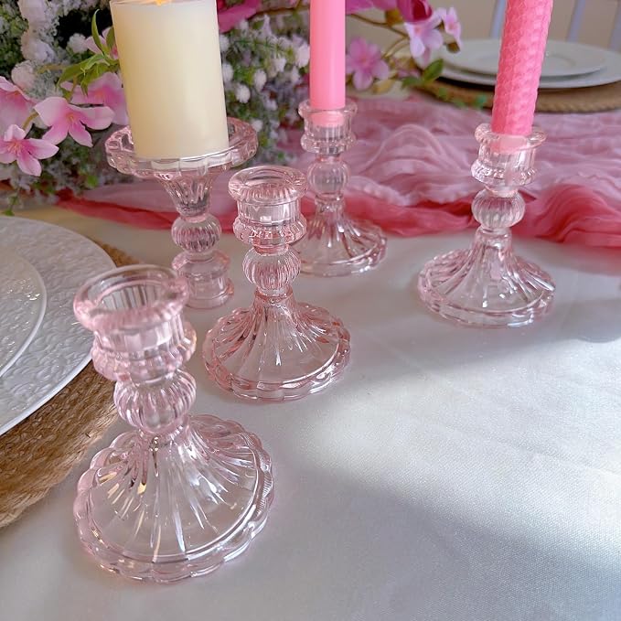 Glass Candlestick Holder,Striped Taper Candle Holders,Set of 6 Candle Stand for Table Centerpieces, Home Decor,Weddings,Festival and Parties (Light Pink Stripe)