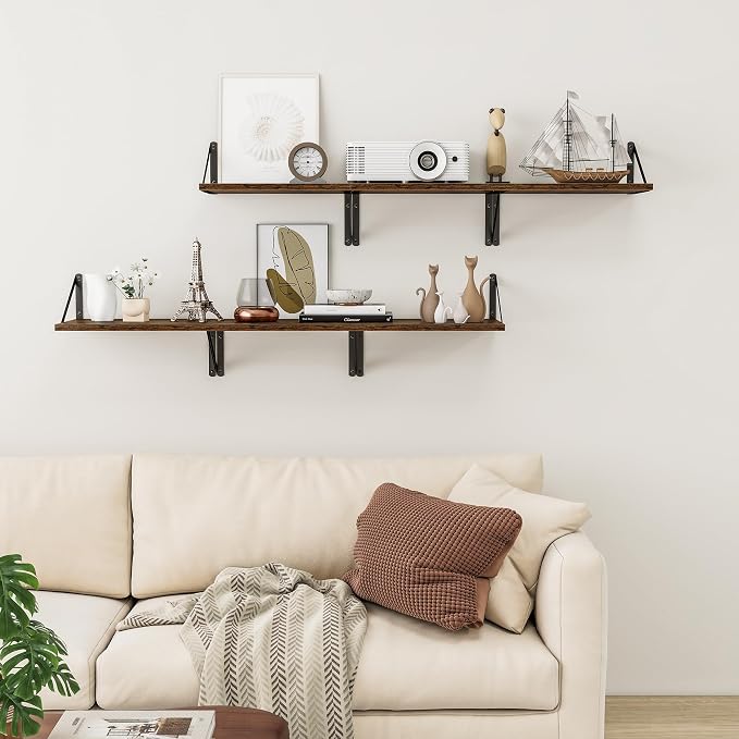Deep Floating Shelves for Wall, 12 Inch Deep Floating Shelves Set of 3, 16W x 12D Wood Wall Shelves, Wide Wood Shelves with Metal Bracket for Living Room, Kitchen, Office, Bedroom - Rustic Brown