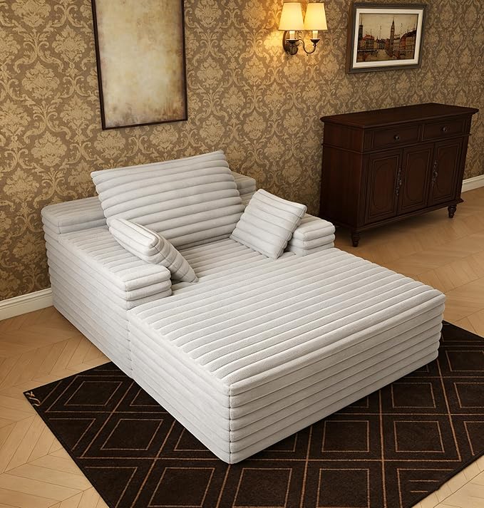 62.6" Oversized Chaise Lounge Chair Indoor,Corduroy Boneless Couch for Living Room,Memory Foam Filled Lounger Sleeper Couch with Pillows,Compress Sofa Bed,No Assembly Required,Grey | Indoor, Corduroy Boneless, Memory Foam Filled, With Pillows, No Assem...