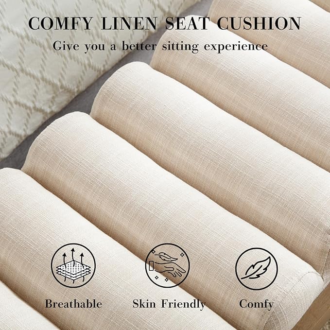 HEAH-YO Modern Bedroom Bench,47 Inches Upholstered Entryway Bench for Bedroom End of Bed with Cylindrical Cushion/Brown Wood Leg,Window Ottoman for Living Room Hallway,Linen Beige
