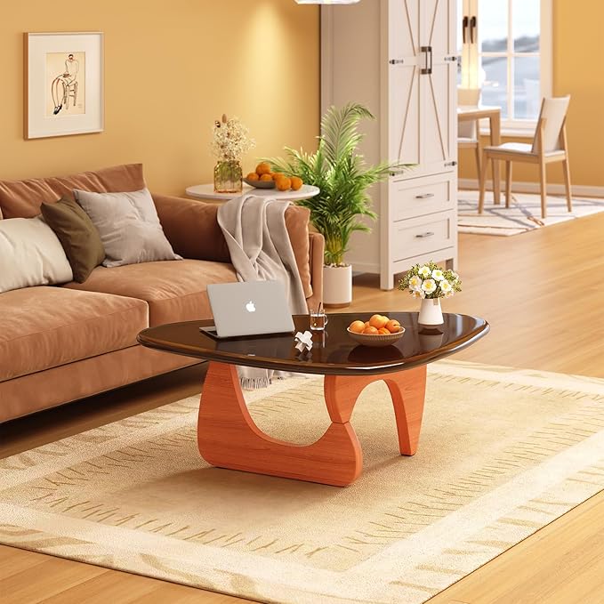 Coffee Table for Living Room Mid Century Modern Center Small Table with Glass Top and Wood, Walnut Brown(45 Inch)