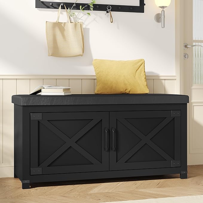 Hzuaneri Shoe Storage Bench, 2 Tier Shoe Bench with Padded Seat Cushion & 2 Barn Doors, Entryway Bench with Adjustable Shelf, Farmhouse Shoe Cabinet for Living Room, Bedroom, Black SB26606BK