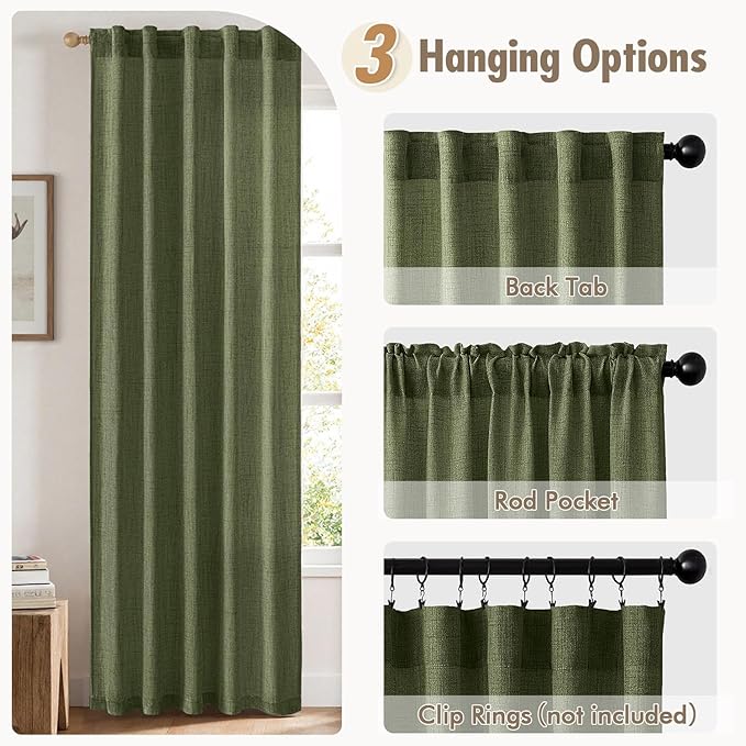 MIULEE Faux Linen Curtains 84 Inch Length 2 Panels Natural Olive Green Semi Sheer Curtain with Back Tab Rod Pocket, Light Filtering Window Privacy Burlap Drapes for Living Room Bedroom 42W x 84L