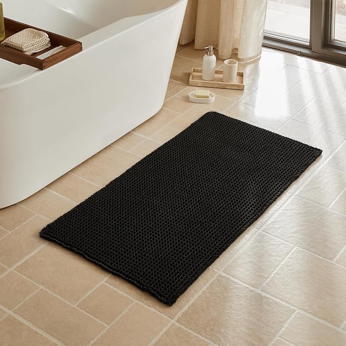 Triohero Waffle Bath Mat, Boho Bathroom Rugs Non Slip Washable, Ultra Soft Super Absorbent Quick Dry Farmhouse Bathroom Decor, 24" x 48", Black
