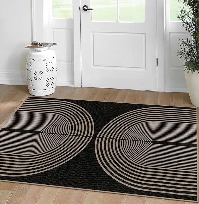 Rugalia Easy Jute Small Outdoor Patio Rug, 3x5 Black Rainbow Entryway Rug Washable Non-Slip Modern Kitchen Rugs, Neutral Farmhouse Boho Throw Carpet for Outdoor Living Room Porch Backyard