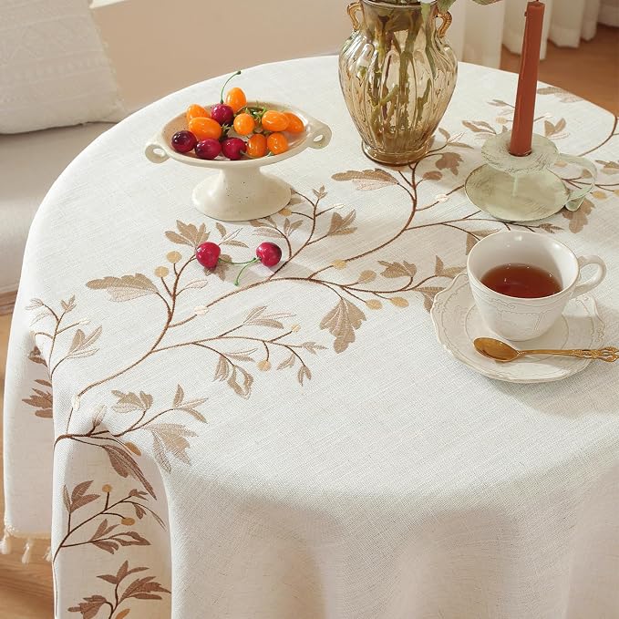 Laolitou Cotton Linen Waterproof Tablecloth for Dining Table Farmhouse Kitchen Round Table Cloth Coffee Wrinkle Free Tables Cover, Beige, Coffee Flower, Round, 55", 2-4 Seats
