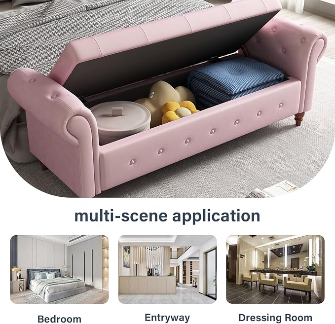 ODUWA 63 Inch Upholstered Tufted End of Bed Storage Bench with Arms,Larger Storage Space, End of Bed Bench for Bedroom Living Room Entryway (Pink-Velet)