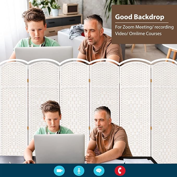 Duraspace 6 Panels Room Divider 6 FT Tall Weave Fiber Privacy Screen Freestanding Double Hinged Folding Screen Extra Wide Room Dividers for Patio Privacy (Off White)