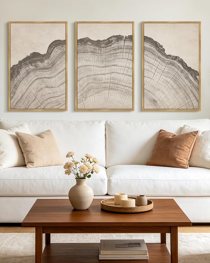 KUVIOKE Boho Vintage Antique Tree Wall Art Framed Neutral Retro Tree Rings Wood Prints Rustic Nature Illustrations Bedroom Living Room 16x24in (Natural Framed)