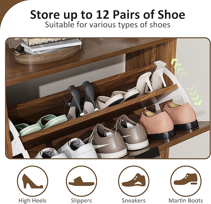 Shoe Cabinet Storage for Entryway with 2 Flip Drawers, Narrow Shoe Cabinet for Entryway, Hidden Slim Shoe Organizer Rack Cabinet (Brown, 23.6" W)