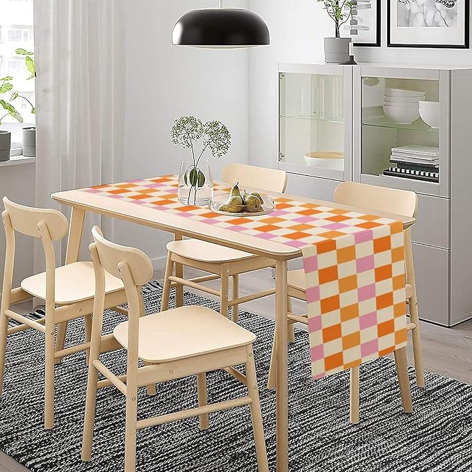 Hippie Table Runner Vintage Geometric Square Grid Yellow Orange Pink 1960s 1970s Retro Country Farmhouse Dinner Runner for Living Room Kitchen Party Holiday Dinner Home 13x36in