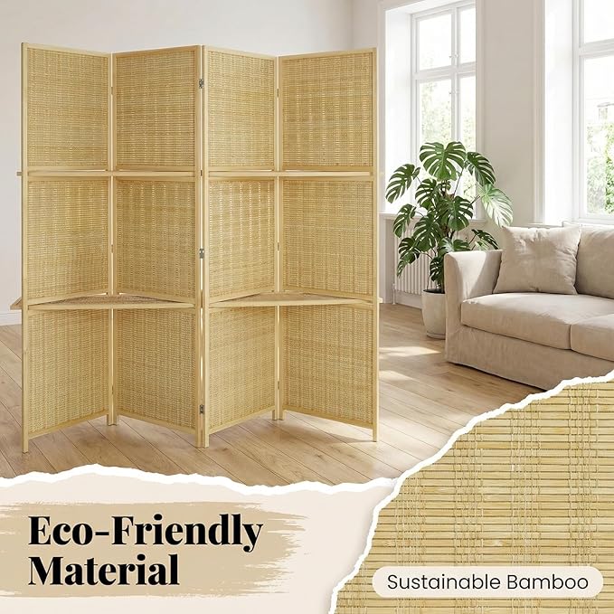 Bluecat 4 Panel Bamboo Room Divider with Shelves, Lightweight Privacy Screen for Bedroom Home Office, No Assembly Required, Natural Bamboo