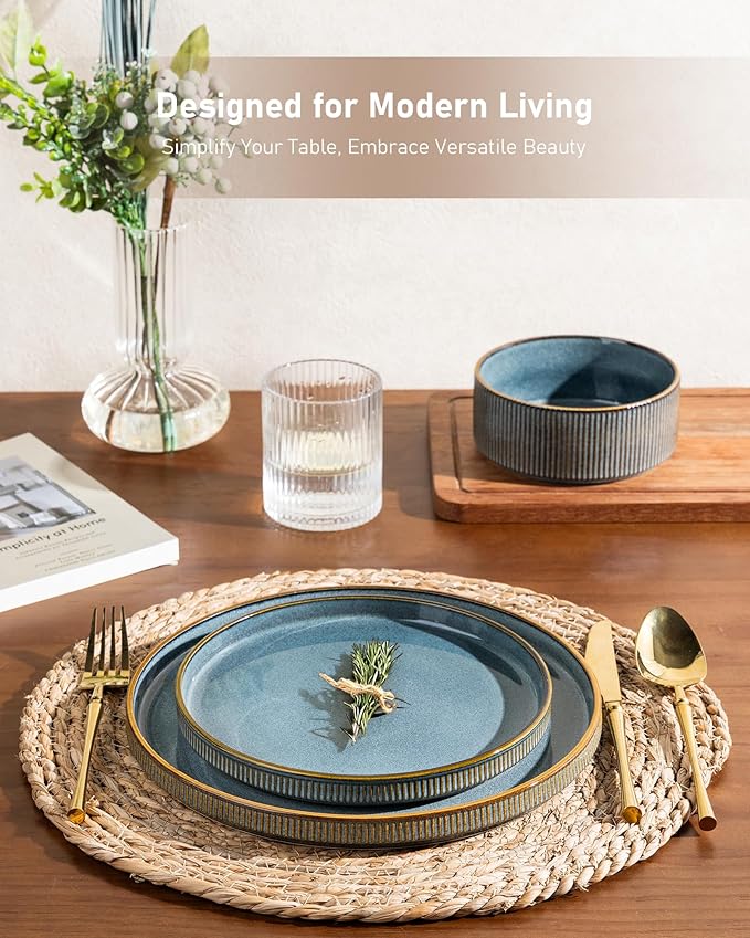 GBHOME 12-Piece Stoneware Dinnerware Set for 4 – Ribbed Ceramic Plates and Bowls, Scratch-Resistant, Microwave & Dishwasher Safe, Reactive Glaze, Reactive Glaze Teal