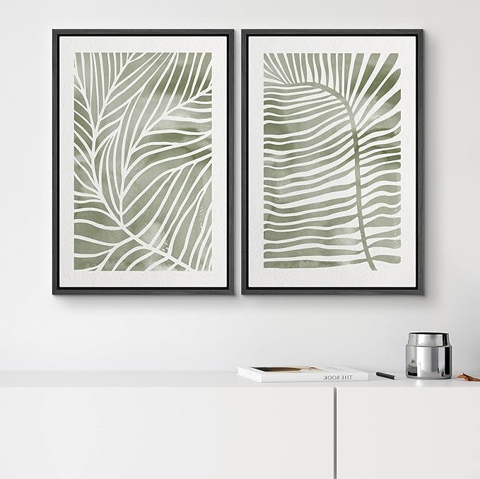SIGNWIN Canvas Print Wall Art Set Green White Tropical Island Palm Leaves Nature Wilderness Illustrations Modern Art Rustic Multicolor for Living Room, Bedroom, Office - 24"x36"x2 Black