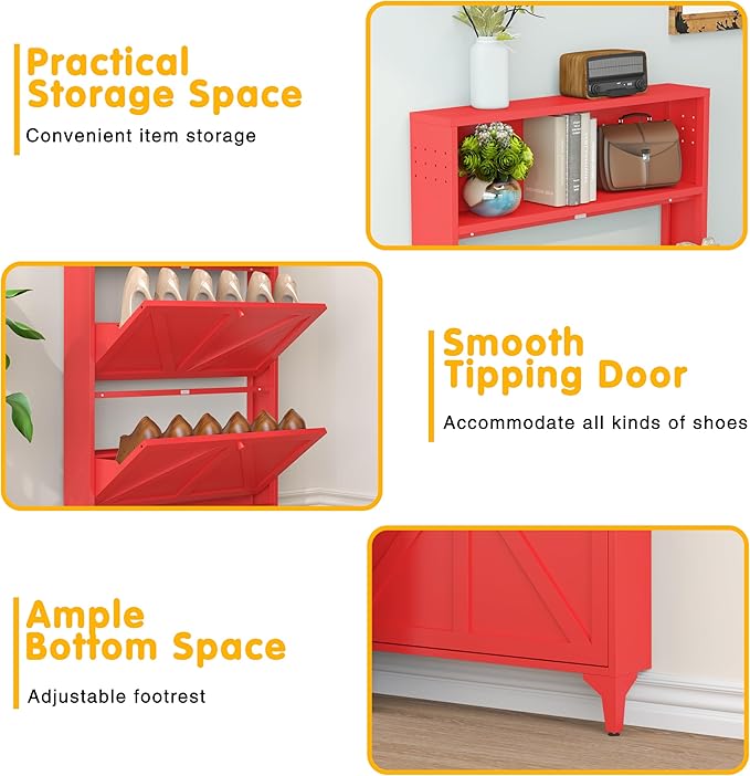 2 Flip Drawers Farmhouse Shoe Storage Cabinet with Barn Door, Shoes Rack Organizer Cabinet, Hidden Slim Storage for Entryway, Hallway, Living Room, Bedroom, Red