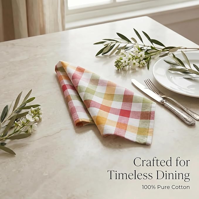 Urban Villa Cloth Napkins 100% Cotton Highly Absorbent Washable Durable Reusable Premium Dinner Napkins Ideal for Gifts for Mothers Day Hotel Farmhouse Parties - Harvest Checks (20" x 20", Set of 12)