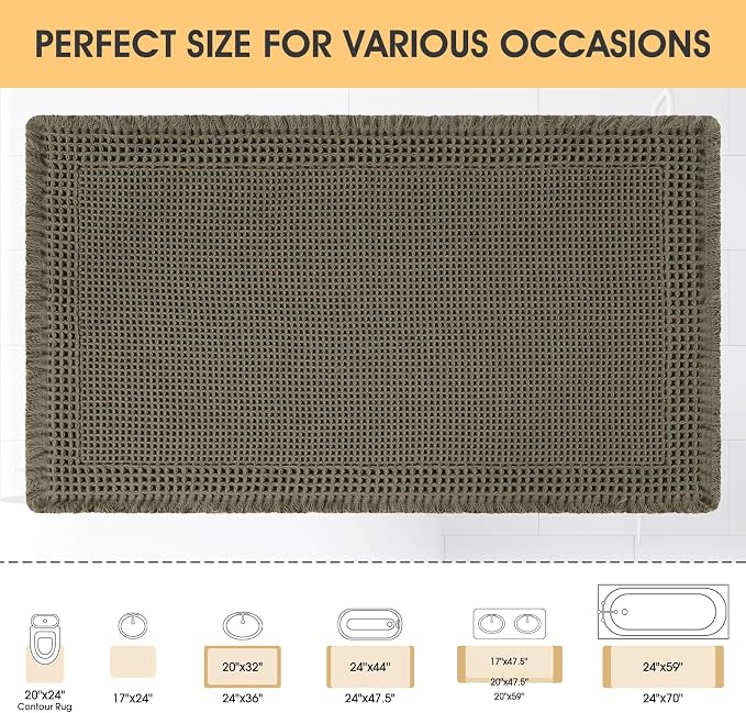Upgrade Waffle Bath Mat, 32"x20" Greyish Green, Boho Bathroom Rugs Absorbent Non Slip, Ultra Soft Bathroom Mat, Machine Washable Knit Bath Rugs with Border for Bathroom, Bedroom, Kitchen, Shower
