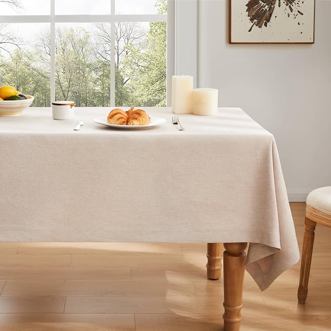 ZeeMart Basic Linen Textured Table Cloth, 60 x 84 Inch Light Tan, Farmhouse Style Neutral Rectangle Tablecloth, Wrinkle Resistant Washable Heavy Weight TableCloths