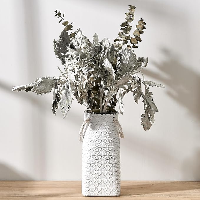 Vaseking Elegant White Petite Vase, 8.66 inch Ceramic Modern Minimalism Geometric Texture Purse Vase with Hanging Rope, Creative Tote Bag Vases for Home Decor, Living Room, Wedding, Bookshelf Decor