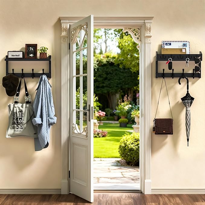 35'' Black Coat Rack Wall Mount with Shelf, Solid Wood Coat and Key Hanger with 13 Metal Hooks, Farmhouse Wall Organizer for Mail, Entryway Wall Hangers for Hats, Clothes, Backpacks