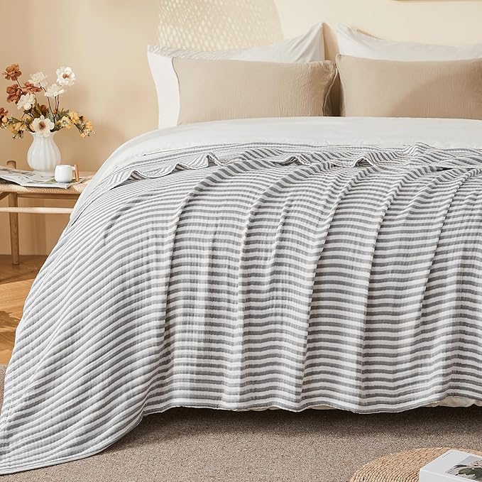 EMME Cotton Muslin King Blanket Bed Layering Bedspread Coverlet Breathable Gauze Soft Lightweight (Striped Grey, 108"x90")