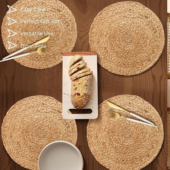 The Home Talk Jute Cotton Hand Woven Table Runner/Placemats (4 Placemat Set, Natural, 14" Round)