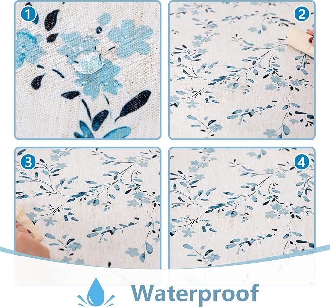 MYSKY HOME Rectangle Table Cloth 60x84 Inch - Spring Summer Floral Tablecloth, Waterproof Linen Fabric Oblong Table Cloth for Kitchen Dining Tablecloth for 4 Feet Table Blue, Small Blue Flower Design