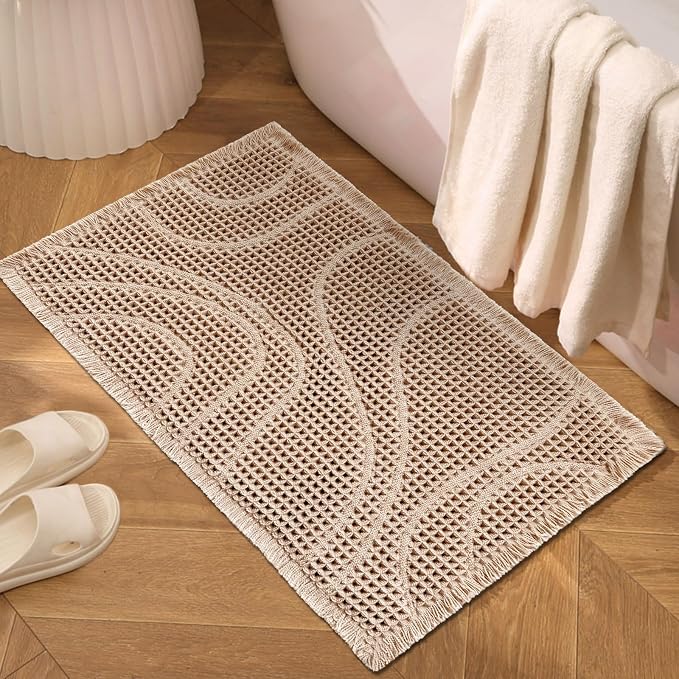 ZALL Waffle Bath Mat Black Super Absorbent Non Slip Bathroom Rug,Rhombus Geometric 24x48inch,Machine Washable Ultra Soft Floor Mats