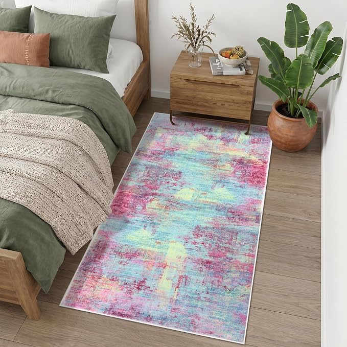 IOHOUZE Abstract Runner Rug 3x6 Ft Washable Runners for Hallways, Non Slip Kitchen Runner Printed Faux Wool Entryway Runner Indoor, Modern Abstract Floor Carpet for Hall Kitchen Bedroom, Pink Teal