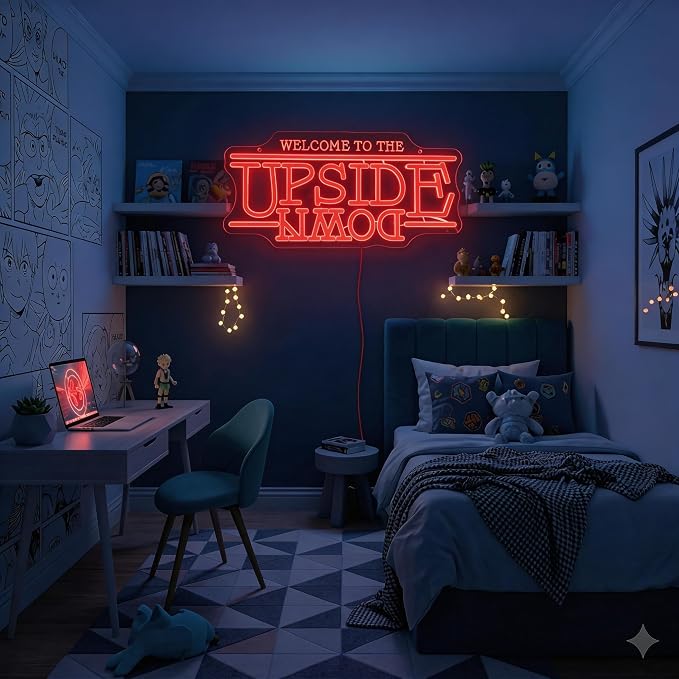 Welcome To The Upside Down Neon Sign LED Sign | World Upside Down Retro Sci-Fi Wall Light, Chain & Mounting Kit, 16.5"x12.5", USB Powered, Bedroom, Game Room & Bar Decor