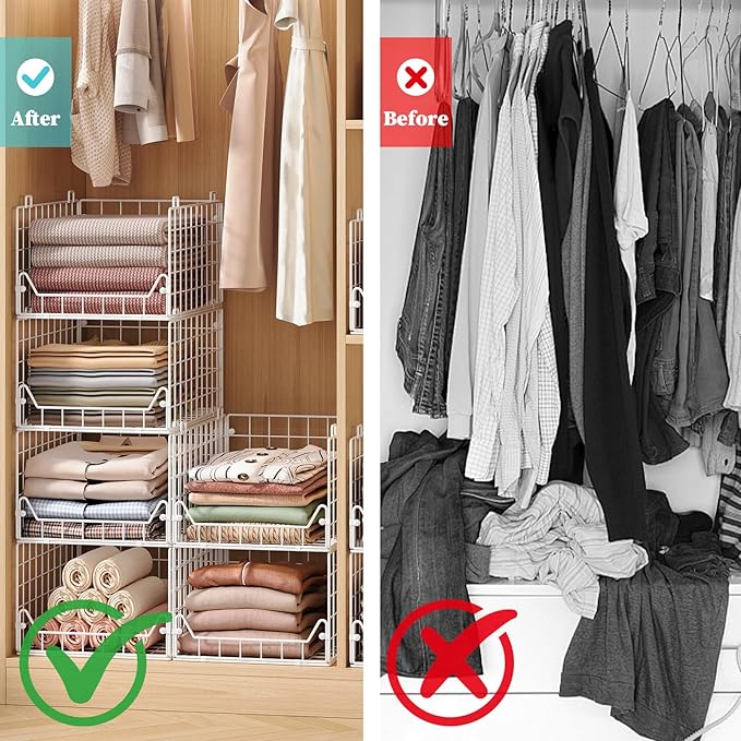 Jakyitvi 6-Tier Closet Shelf Organizer,Metal Stackable Closet Organizers and Storage,Clothes Storage Bins,Shelf Organizer Basket,Folded Shelf Organizer for Closet Wardrobe,White