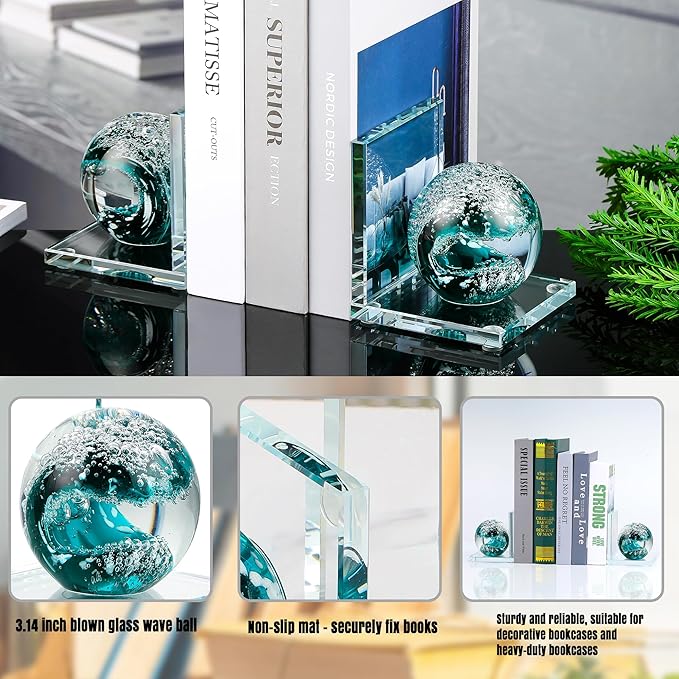 Book Ends for Shelves, Glass Bookends with Dark Blue Glass Hand Blown Sea Wave Ball, Non Skid Sturdy Decorative Bookends for Ocean Lovers, Heavy Books, Office, Set of 2