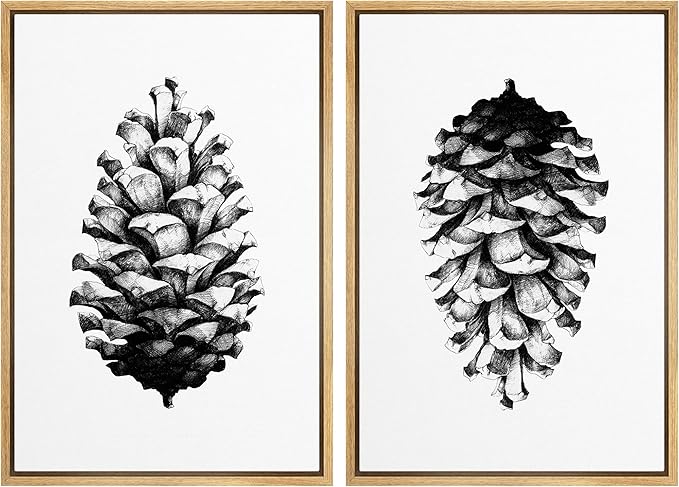 SIGNWIN Framed Canvas Print Wall Art Set Black & White Forest Woodland Pinecone Nature Wilderness Illustrations Modern Art Rustic Relax/Calm for Living Room, Bedroom, Office - 24"x36"x2 Natural