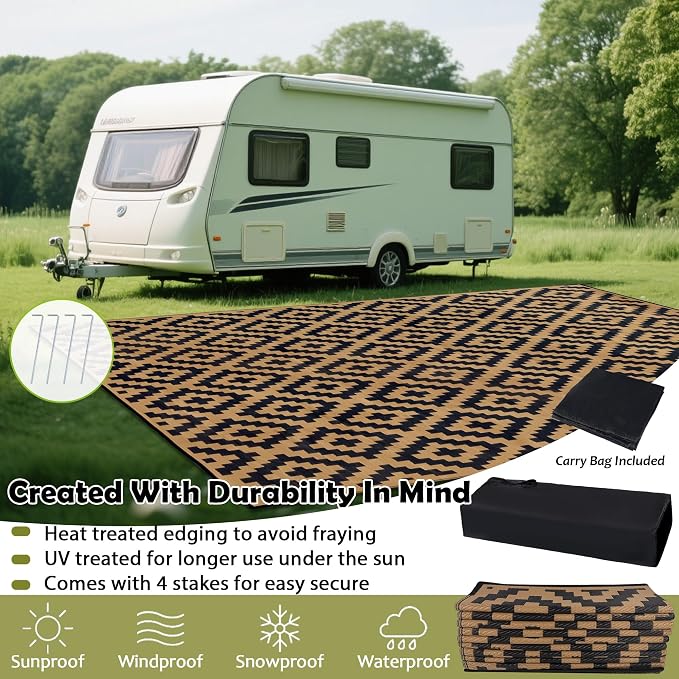 SAND MINE Reversible Mats, Plastic Straw Rug, Modern Area Rug, Large Floor Mat and Rug for Outdoors, RV, Patio, Backyard, Deck, Picnic, Beach, Trailer, Camping, Black & Brown, 10' x 14'