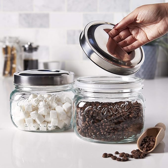 Mason Craft & More Airtight Kitchen Food Storage Clear Glass Pop Up Lid Canister, 2 Pack of Small 1.6 Liter Pop Up Canister
