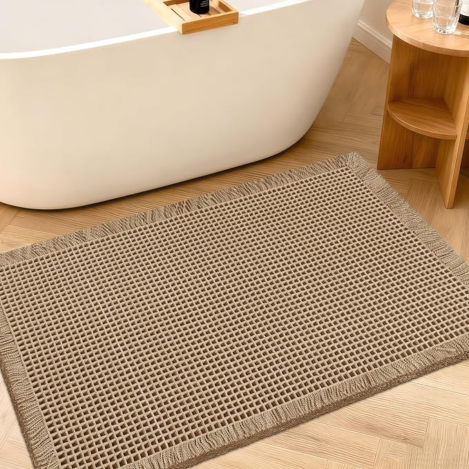ACCUMTEK Upgraded Waffle Bath Mat, 32"x20" Beige, Super Absorbent Non-Slip Quick Dry Bathroom Rugs with Tassels, Machine Washable Ultra Soft Boho Bath Rugs for Floor, Toilet Mats Boho Farmhouse Decor