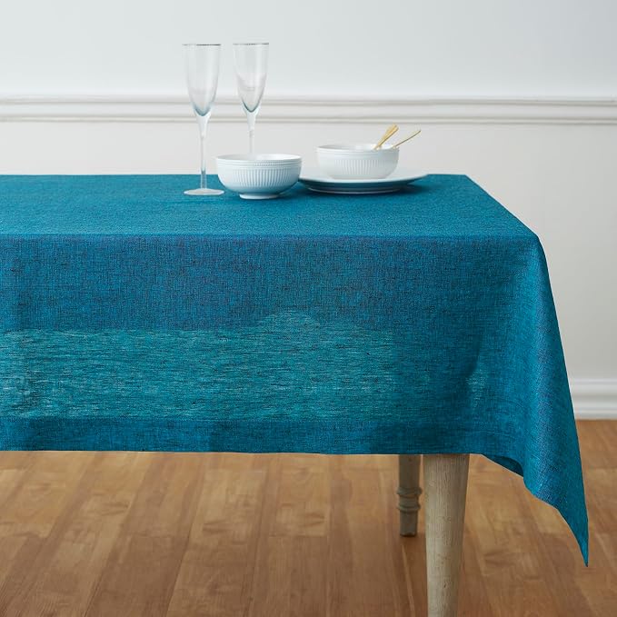 Solino Home Linen Tablecloth 60 x 144 Inch - 100% Pure Linen Chambray Teal Table Cloth for Rectangle Tables - Athena, Machine Washable Tablecloth for Summer