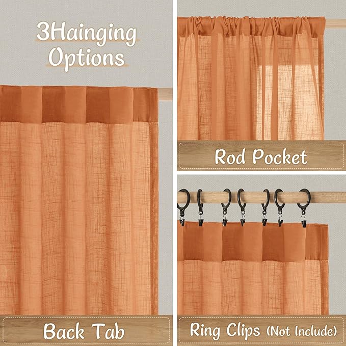 LAMIT 84 Inch Long Semi Sheer Linen Curtains for Living Room, Back Tab and Rod Pocket Window Drapes Light Filtering Farmhouse Panels for Bedroom/Dining Room, Burnt Orange, Set of 2, 52 x 84 Inch