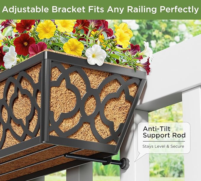 6 Pack 30 Inch Railing Planter Box with Coco Liner, Adjustable Metal Window Box Planter for Balcony Deck Fence, Hanging Flower Basket for Outdoor Garden, Black